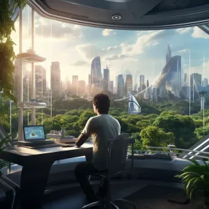 futuristic city view through a window. Lush green background, person working